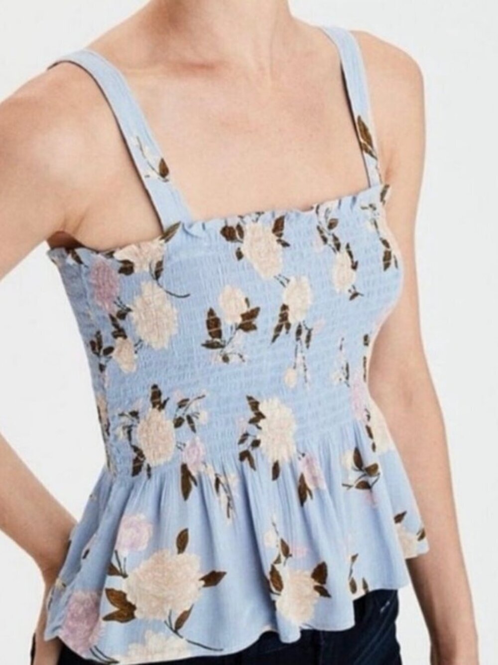 American Eagle Blue Floral Smocked Peplum Tank Top XS